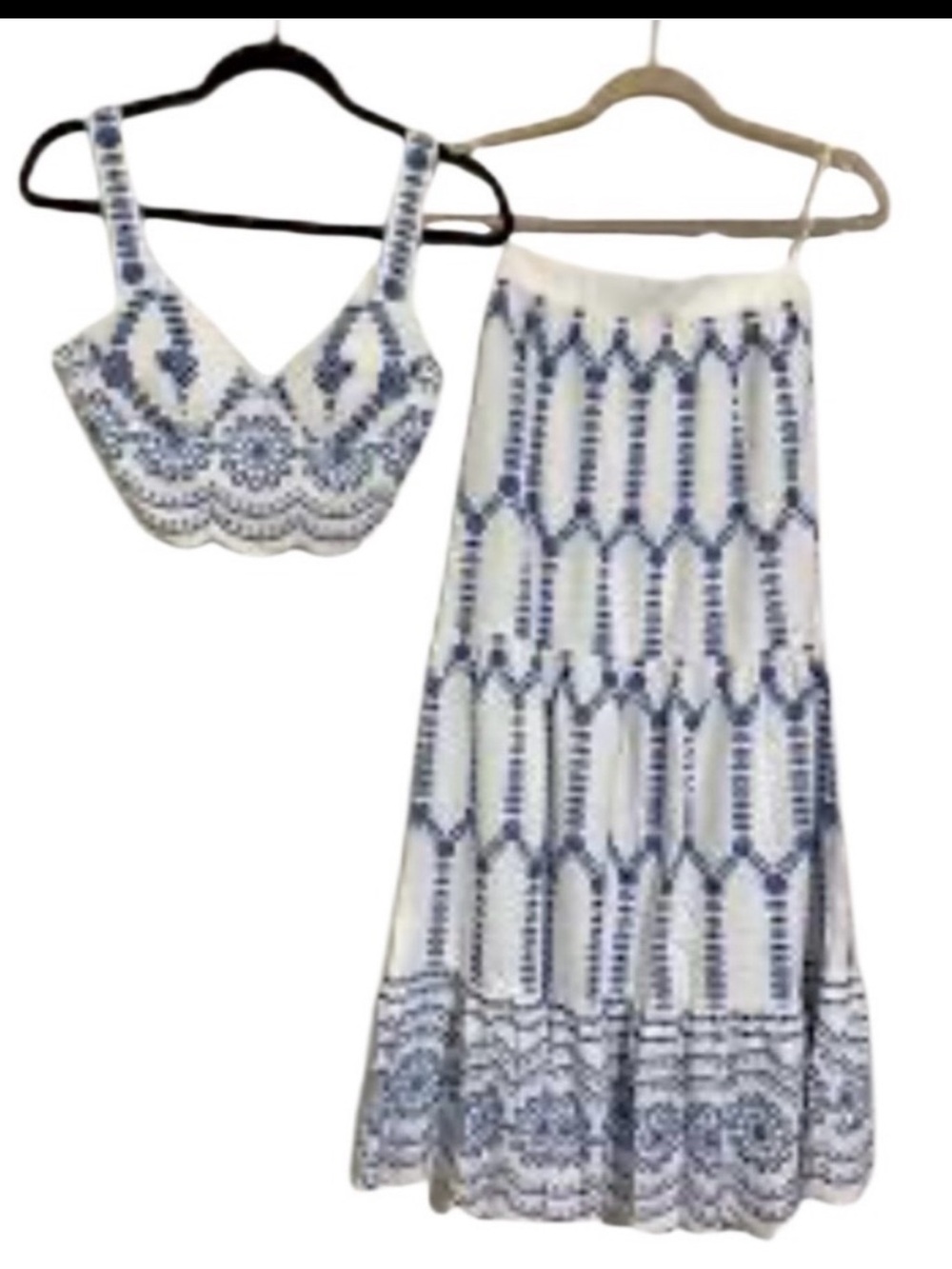 NWT-COMMENSE White and Blue Embroidered Maxi Skirt & Top set - Picture 7 of 11